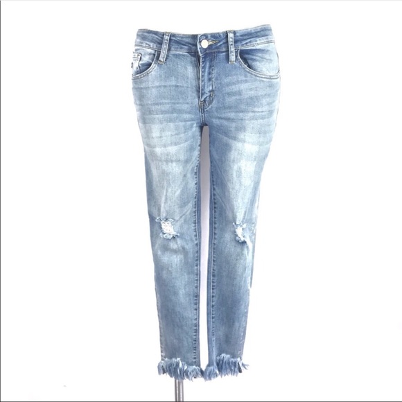 Kancan Distressed Skinny Jeans w/ Fringe Hems 25 - Picture 5 of 8